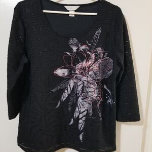 Christopher & Banks Women's Black Floral Top with Metallic Detail.l Sz L